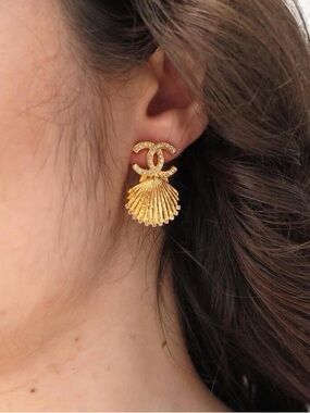 CHANEL Gold Shell Drop Earrings with Crystal Accent